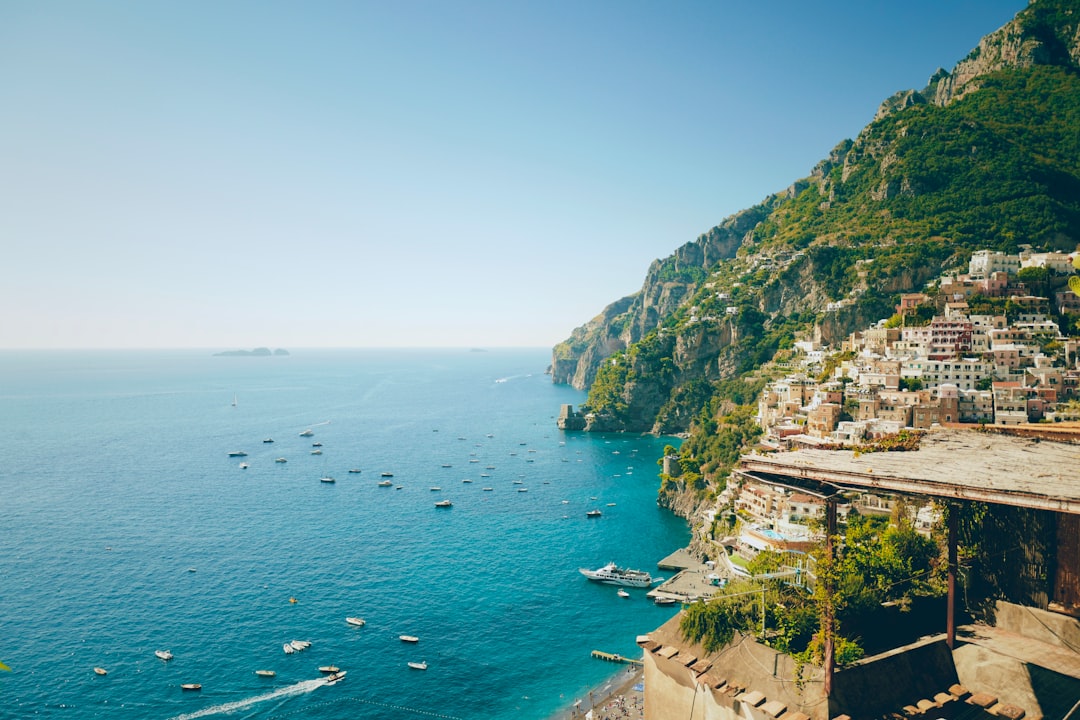 View of an Amalfi Coast beach with anchored boats